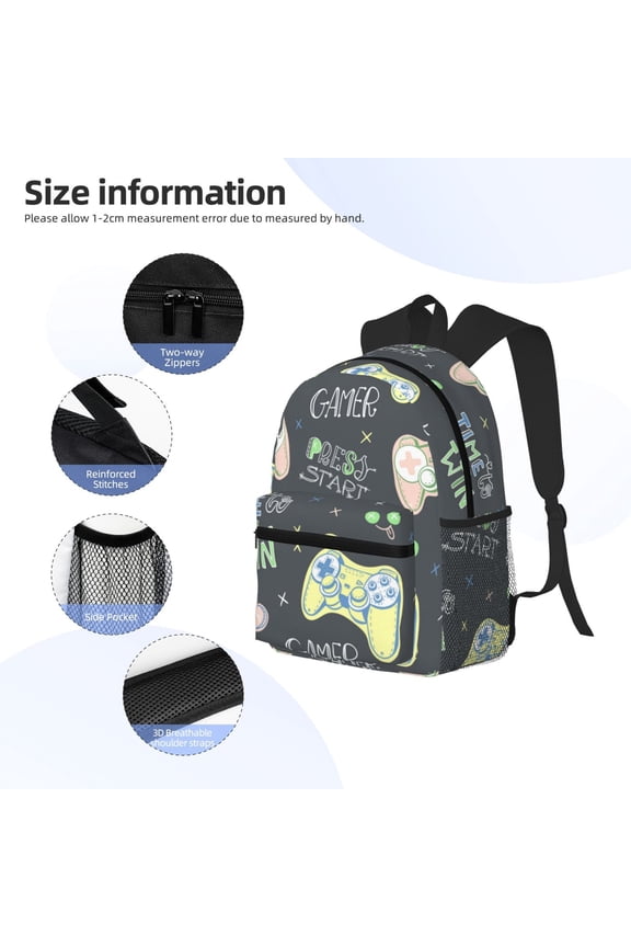 Gamers Print Backpack, Waterproof Backpack with Adjustable Shoulder Straps, Suitable for Campus, Business, Travel, Unisex