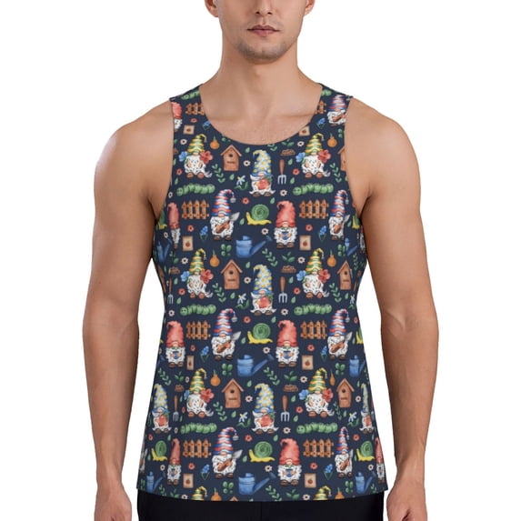 Gukieu Garden Gnomes Print Men's Quick Dry Fitness Vest, Round Neck Sleeveless Fitness Bodybuilding Top-4X-Large