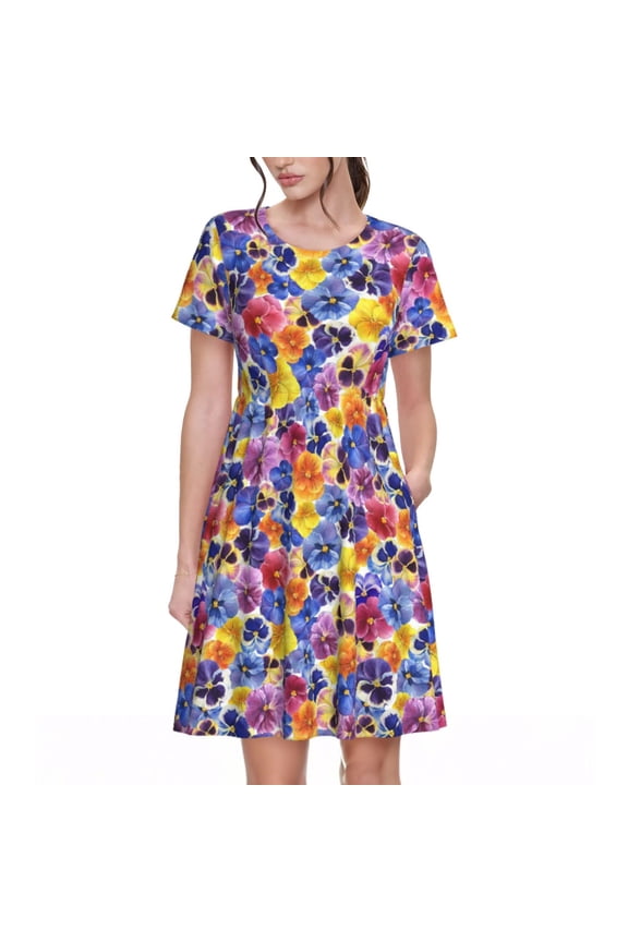 The Garden Tricolor Pansy Flower Print Women's Short Sleeve Dress, Elastic Waistband A-line with Pockets Summer Dress, Suitable for Daily Leisure, Work, Vacation