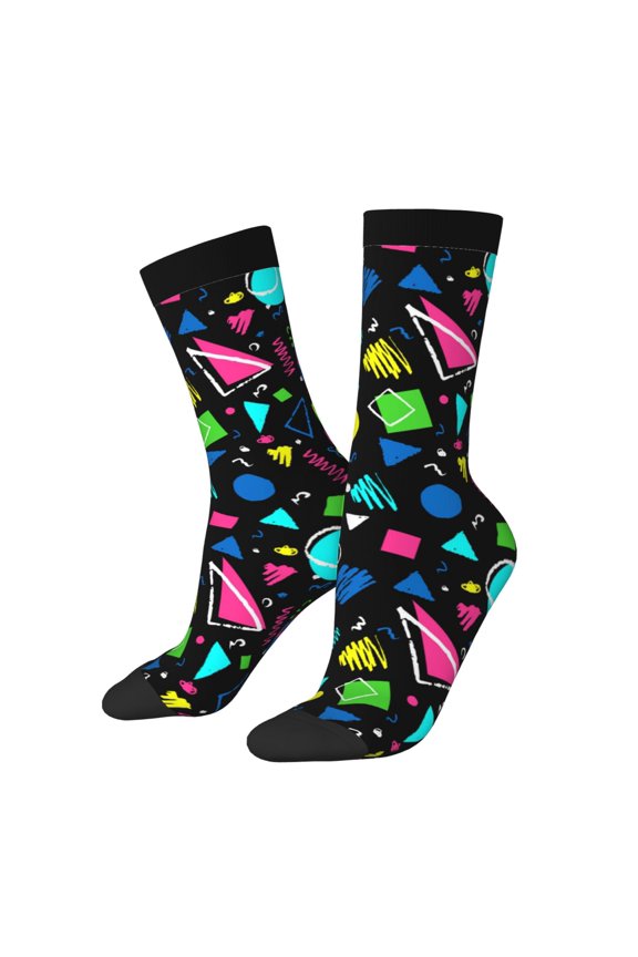 Geometric 1980s Styled Print Contrast Color Mid-calf Socks, Sweat-wicking Athletic Socks, Unisex Clothing Accessories