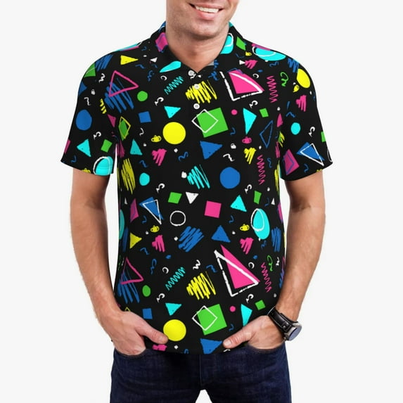 Gukieu Geometric 1980s Styled Print Men's Quick-drying POLO Shirt, Button-down Summer T-shirt, Suitable for Work and Outdoor Activities-XX-Large