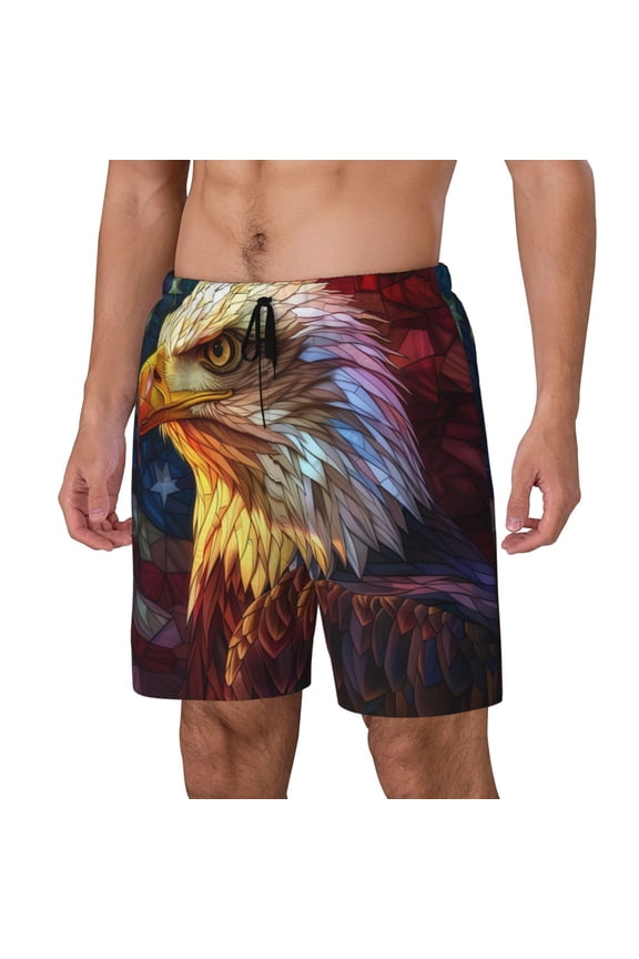 Geometric American Bald Eagle Print Men's Double Layer Sports Swim Trunks, Quick Dry Adjustable Waist Swim Shorts Swimwear-X-Large
