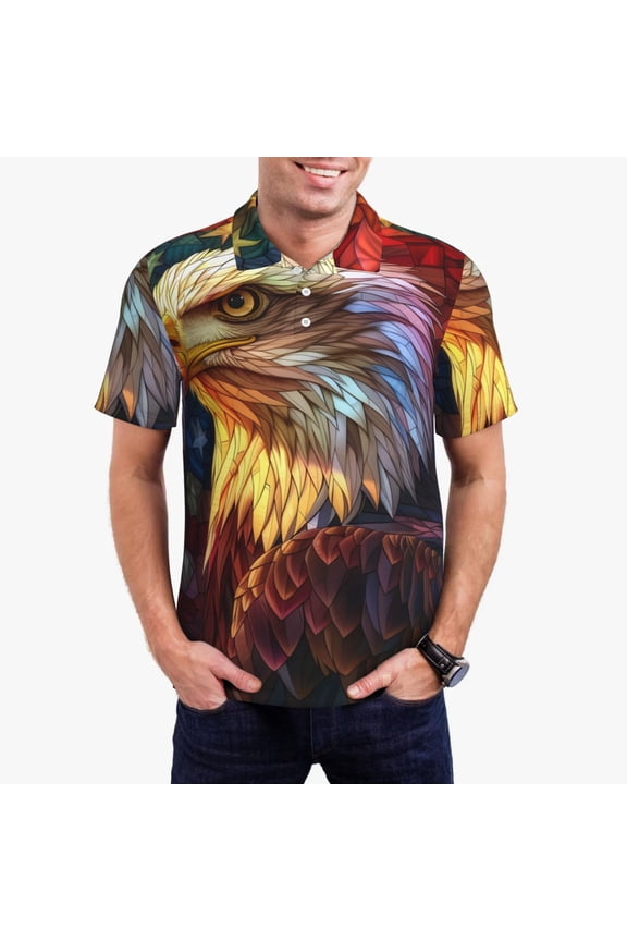 Geometric American Bald Eagle Print Men's Quick-drying POLO Shirt, Button-down Summer T-shirt, Suitable for Work and Outdoor Activities-Small