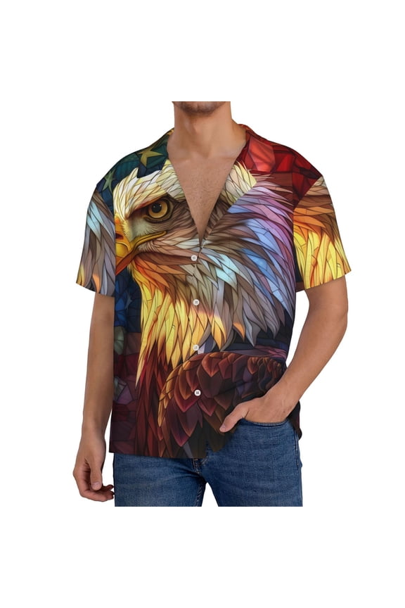 Geometric American Bald Eagle Print Men's Short-sleeved Shirts, Button-down Pocket Shirts, T-shirts, Beach Vacation Travel Summer Clothing-Medium
