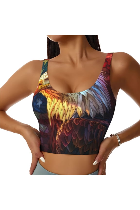 Geometric American Bald Eagle Print Women's Sports Vest, Low-neck U-shaped Removable Pad Sports Bra for Yoga, Exercise, Dance-Large