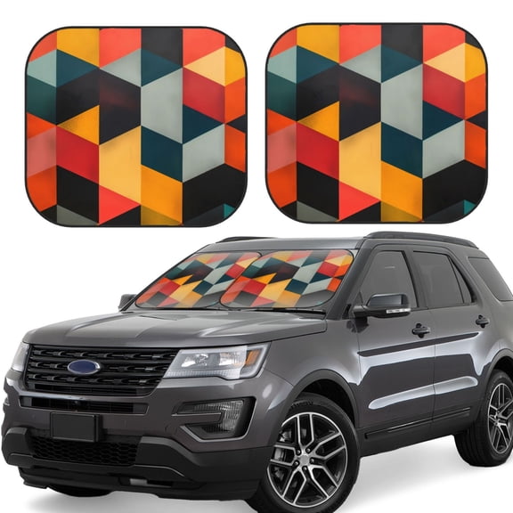 Gukieu Geometric Cube Pattern Art Print Car Windshield Sun Visor, Foldable Anti-UV Car Sun Visor Suitable for Vans, Trucks Car Accessories-Large