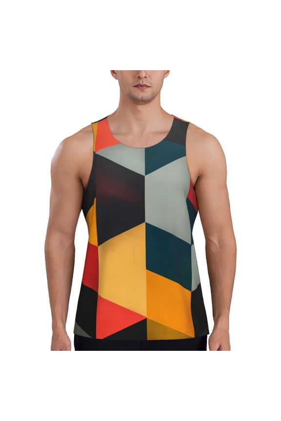 Geometric Cube Pattern Art Print Men's Quick Dry Fitness Vest, Round Neck Sleeveless Fitness Bodybuilding Top-4X-Large