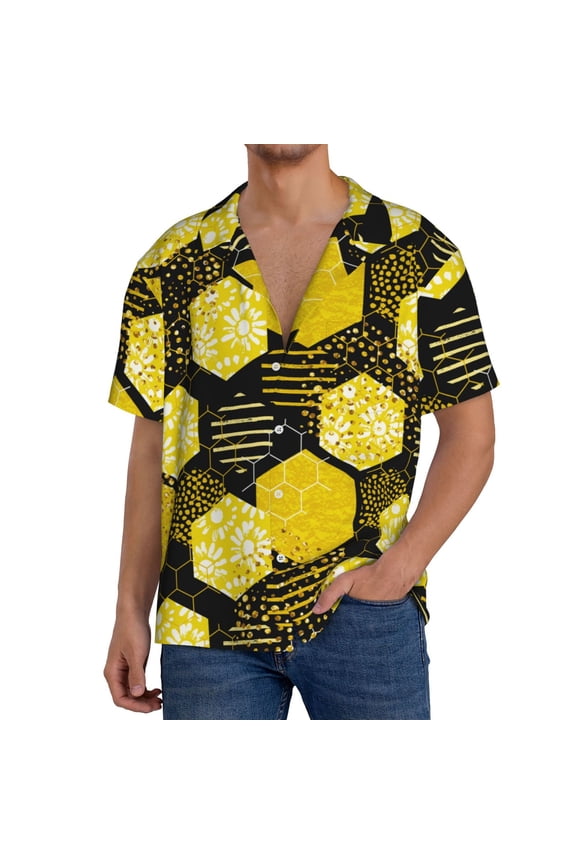 Geometric Pattern with Bee Print Men's Short-sleeved Shirts, Button-down Pocket Shirts, T-shirts, Beach Vacation Travel Summer Clothing-Large