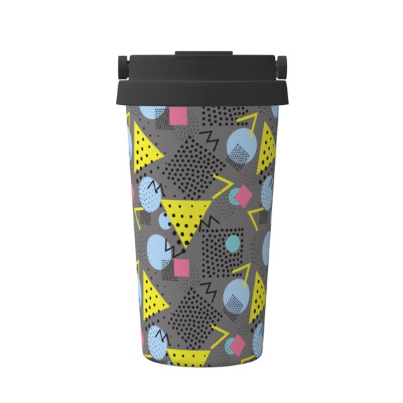 Gukieu Geometric Print Insulated Coffee Cup, Portable Stainless Steel Vacuum Cup with Lid, Unisex, Suitable for Office, Cafe, Car