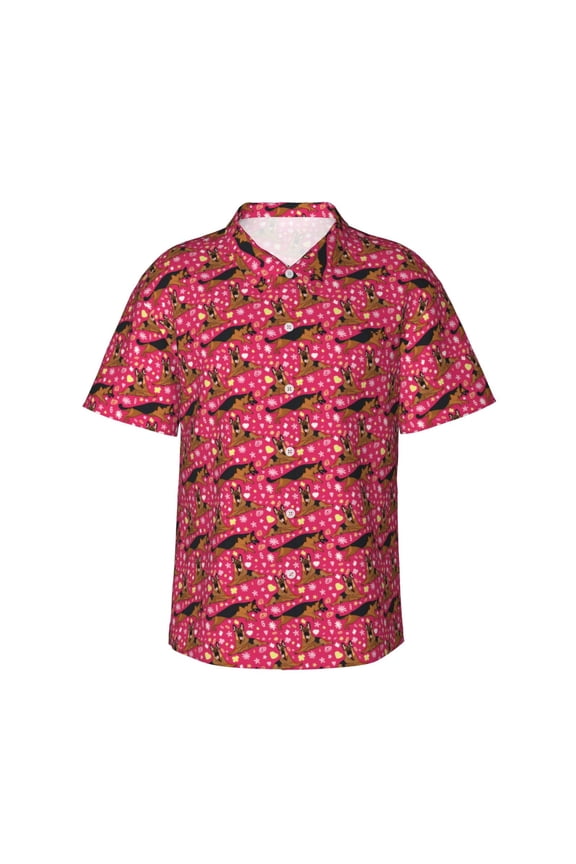 German Shepherd Dog Print Men's Short-sleeved Shirts, Button-down Lapel Hawaiian Shirts, T-shirts, Beach Vacation Summer Casual Wear,Large