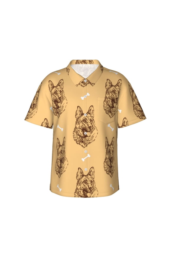 German Shepherd Dog Print Men's Short-sleeved Shirts, Button-down Lapel Hawaiian Shirts, T-shirts, Beach Vacation Summer Casual Wear,Large