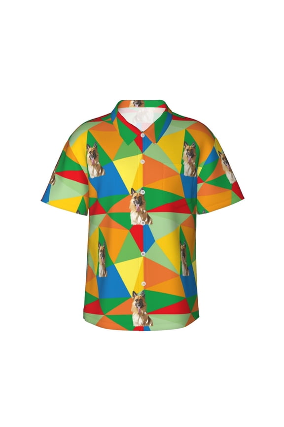 German Shepherd Dog Print Men's Short-sleeved Shirts, Button-down Lapel Hawaiian Shirts, T-shirts, Beach Vacation Summer Casual Wear,Small