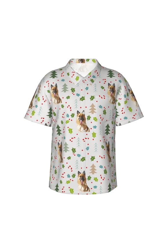 German Shepherd Dog Print Men's Short-sleeved Shirts, Button-down Lapel Hawaiian Shirts, T-shirts, Beach Vacation Summer Casual Wear,Small