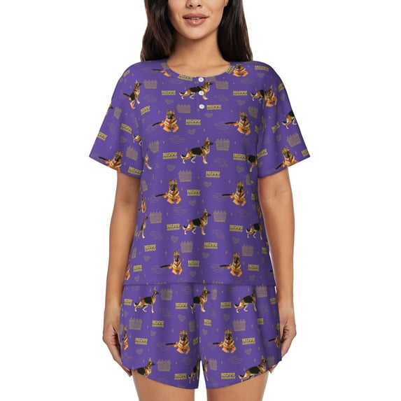 Gukieu German Shepherd Dog Print Women's Short-sleeved Pajama Set, Round Neck Button Top Elastic Shorts 2-piece Set, Summer Home Leisure Clothing-4X-Large