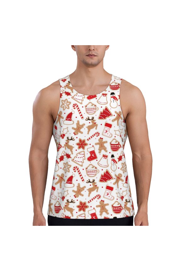 Gingerbread Holiday Sweets Print Men's Quick Dry Fitness Vest, Round Neck Sleeveless Fitness Bodybuilding Top-Medium