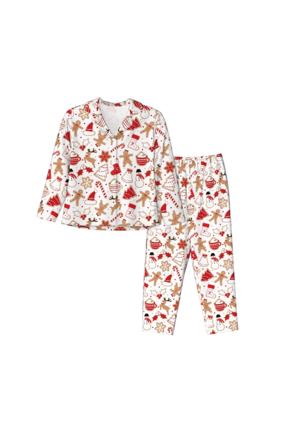 Gingerbread Holiday Sweets Print Women's Long Sleeve Pajama Set, Button Top Elastic Pocket Pajama Pants Two Piece Set Home Wear-Medium