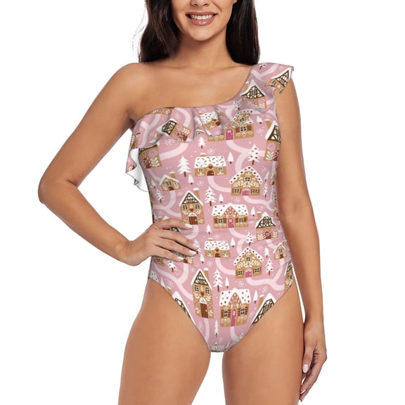 Gukieu Gingerbread Houses Pink Wonderland Print One-shoulder Ruffled One-piece Swimsuit with Removable Chest Pads and Tummy-control Swimsuit for Women-Small
