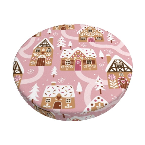 Gukieu Gingerbread Houses Pink Wonderland Print Round Chair Cover, Dust-proof and Non-slip Bar Chair Protective Cover, Suitable for Bars, Restaurants, Offices-12 inch