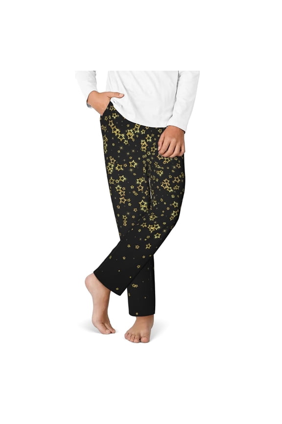 Glittering stars Print Youth Home Trousers, Elastic Waistband with Pockets for Home and Outing, Suitable for Children Aged 5-16-Large