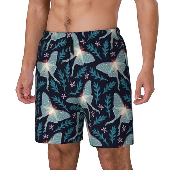 Gukieu Glowing Butterfly Print Men's Double Layer Sports Swim Trunks, Quick Dry Adjustable Waist Swim Shorts Swimwear-3X-Large