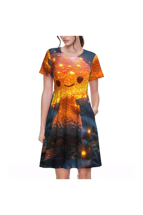 Glowing Mushroom In Forest Print Women's Short Sleeve Dress, Elastic Waistband A-line with Pockets Summer Dress, Suitable for Daily Leisure, Work, Vacation