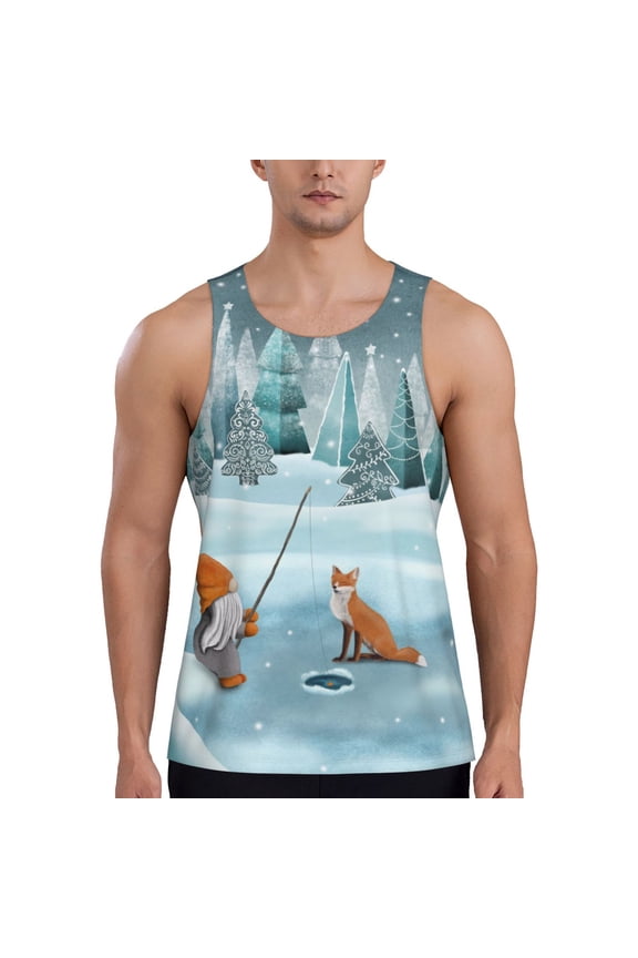 Gnome And Red Fox Fishing Print Men's Quick Dry Fitness Vest, Round Neck Sleeveless Fitness Bodybuilding Top-X-Large