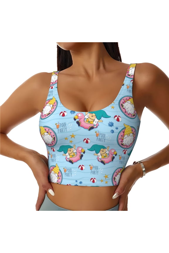 Gnome Pool Party Print Women's Sports Vest, Low-neck U-shaped Removable Pad Sports Bra for Yoga, Exercise, Dance-Medium