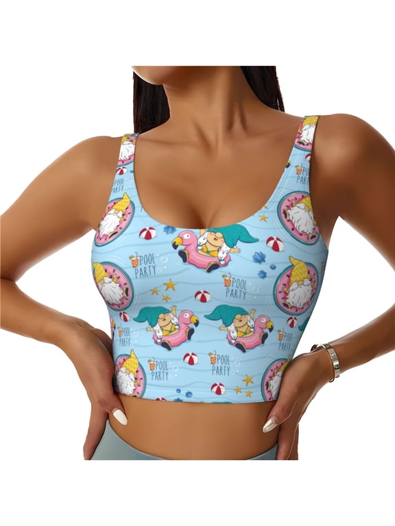 Gnome Pool Party Print Women's Sports Vest, Low-neck U-shaped Removable Pad Sports Bra for Yoga, Exercise, Dance-X-Large