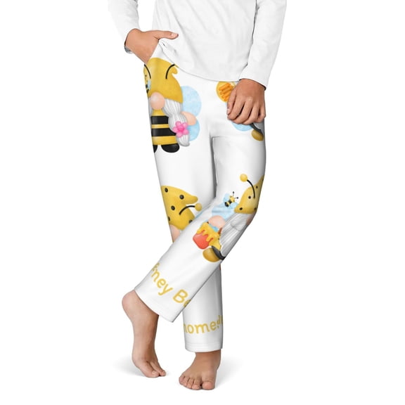 Gukieu Gnomes Honey Bee Print Youth Home Trousers, Elastic Waistband with Pockets for Home and Outing, Suitable for Children Aged 5-16-Small