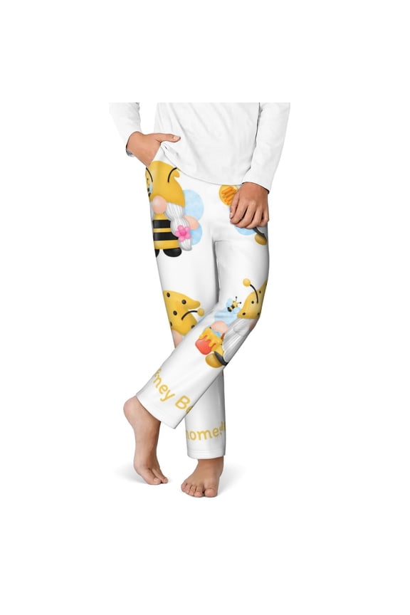 Gnomes Honey Bee Print Youth Home Trousers, Elastic Waistband with Pockets for Home and Outing, Suitable for Children Aged 5-16-XS(5-6)