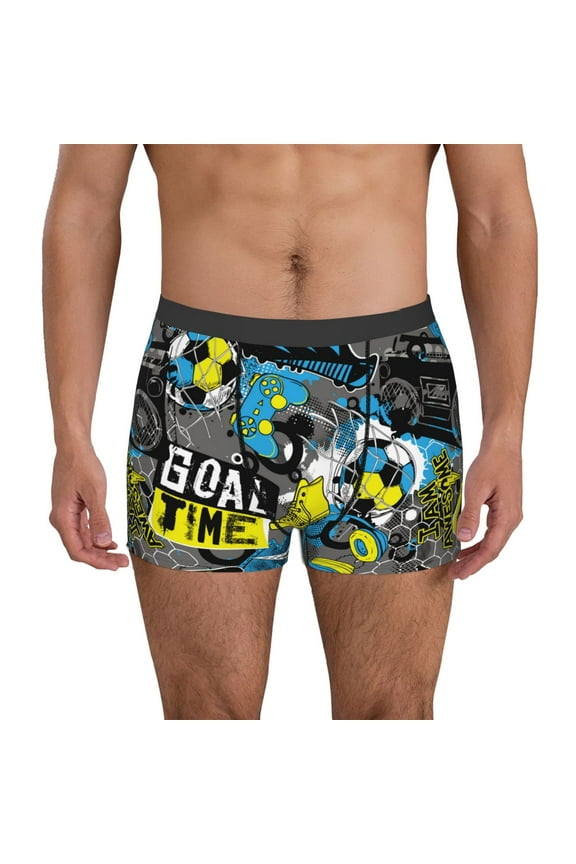 Goal Time Print Men's Boxer Briefs, High Elastic Moisture Wicking Boxer Briefs Underwear-Small