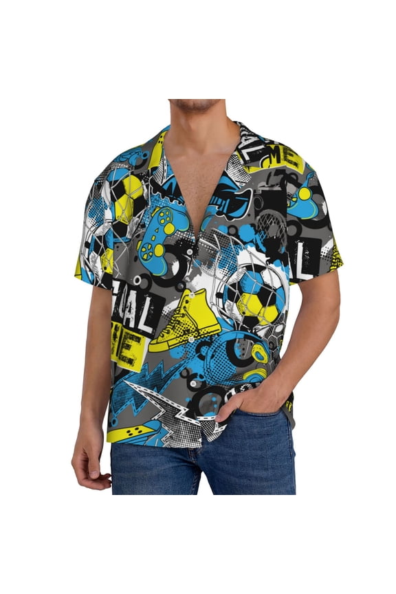 Goal Time Print Men's Short-sleeved Shirts, Button-down Pocket Shirts, T-shirts, Beach Vacation Travel Summer Clothing-Small