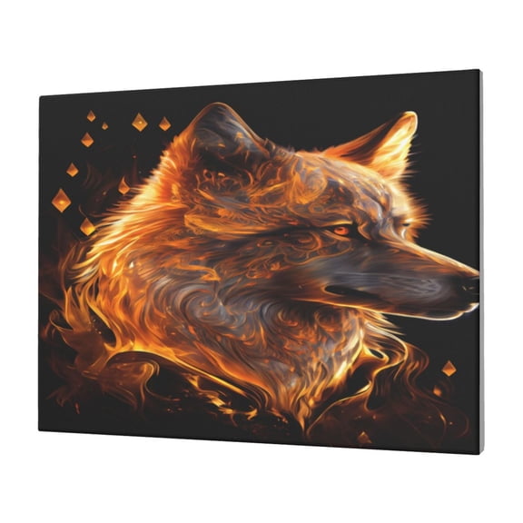 Gukieu Gold Flame Pattern Wolf Print Horizontal Canvas Decorative Painting 12x16 Inch Shrinkage Resistant Frame Hanging Home Wall Art Decor