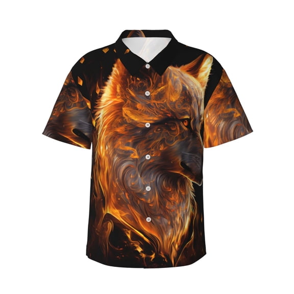 Gukieu Gold Flame Pattern Wolf Print Men's Short-sleeved Shirts, Button-down Lapel Hawaiian Shirts, T-shirts, Beach Vacation Summer Casual Wear,3X-Large