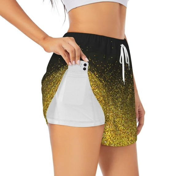 Gukieu Gold Glitter Gradient Print Women's Sports Shorts with Drawstring Elastic Waistband for Running, Yoga, Fitness-XX-Large