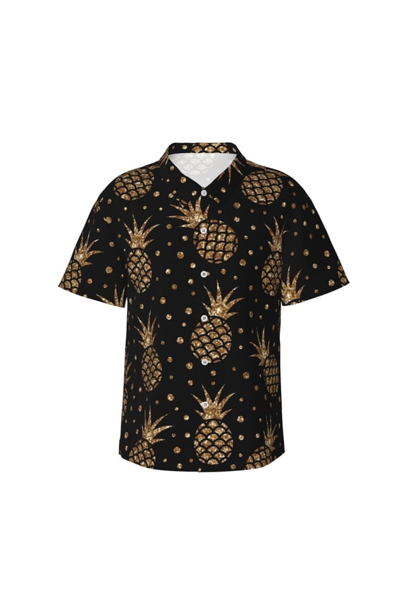 Gold Glitter Pineapples Print Men's Short-sleeved Shirts, Button-down Lapel Hawaiian Shirts, T-shirts, Beach Vacation Summer Casual Wear,Medium