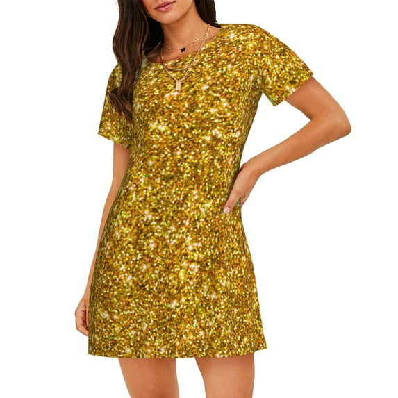 Gukieu Gold Glitter Print Women's Nightgown, A-line Round Neck Short-sleeved Nightgown Pajamas Home Wear Suitable for Home and Outing
