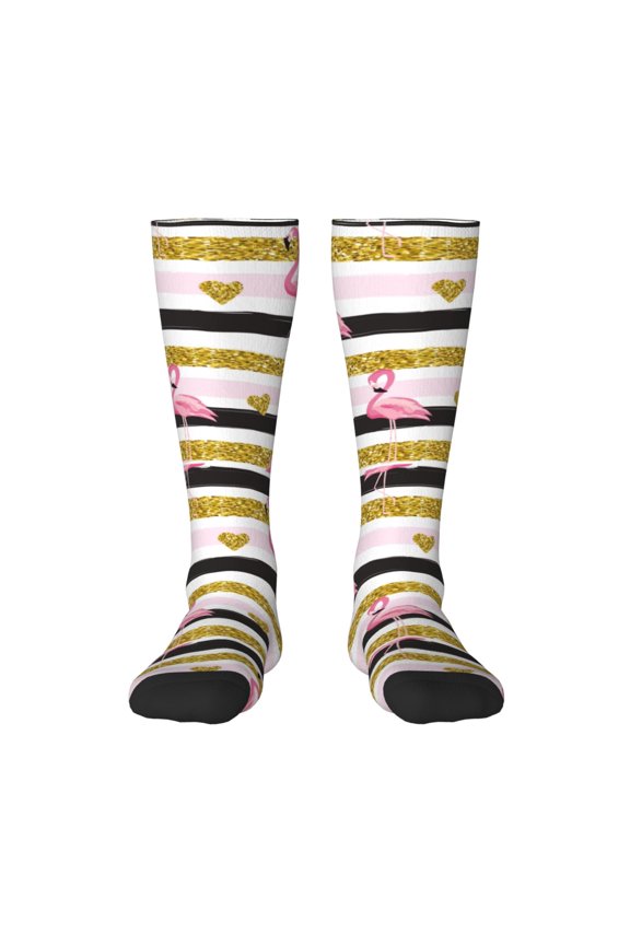 Gold Glittering Hearts and Flamingos Print Contrast Color Stockings, Elastic Sports Socks Warm Socks Clothing Accessories, Adult Unisex