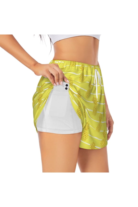 Gold Pineapple Print Women's Sports Shorts with Drawstring Elastic Waistband for Running, Yoga, Fitness-Medium