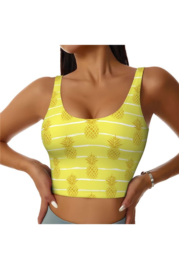 Gold Pineapple Print Women's Sports Vest, Low-neck U-shaped Removable Pad Sports Bra for Yoga, Exercise, Dance-Large