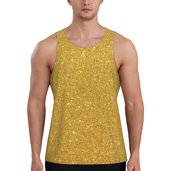 Gukieu Gold Shiny Print Men's Quick Dry Fitness Vest, Round Neck Sleeveless Fitness Bodybuilding Top-Small