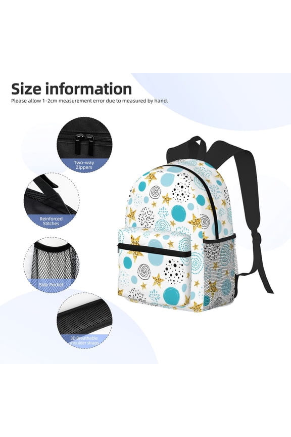 Gold Stars Blue Dots Pattern Print Backpack, Waterproof Backpack with Adjustable Shoulder Straps, Suitable for Campus, Business, Travel, Unisex