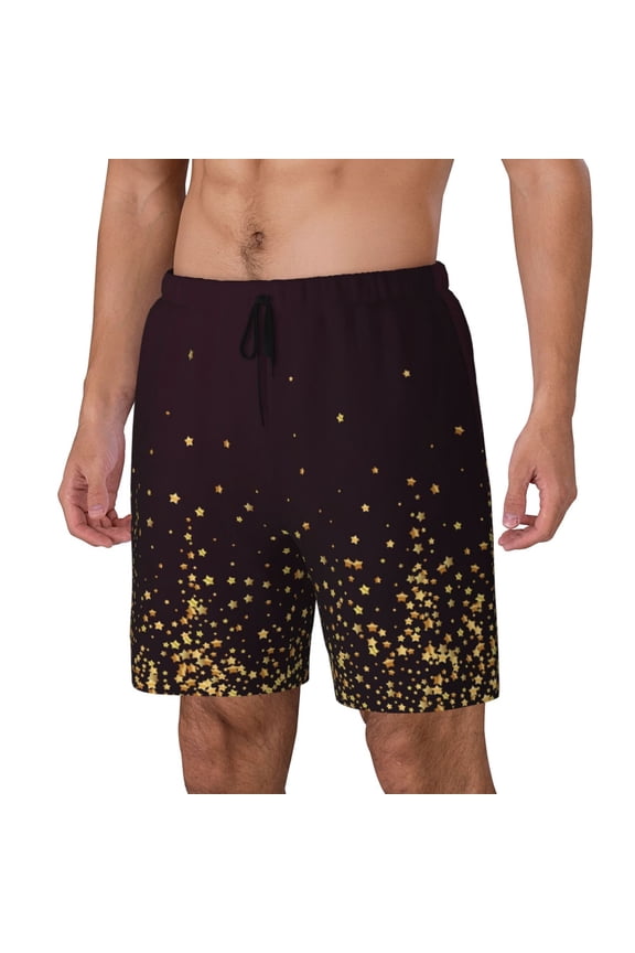 Gold stars luxury sparkling Print Men's Double Layer Sports Swim Trunks, Quick Dry Adjustable Waist Swim Shorts Swimwear-Medium
