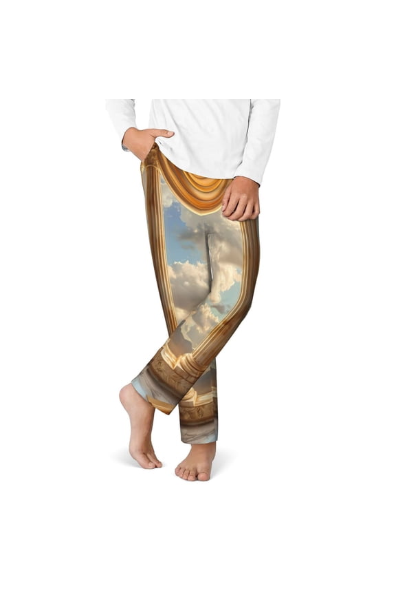 Golden Drapes Pillars Clouds Print Youth Home Trousers, Elastic Waistband with Pockets for Home and Outing, Suitable for Children Aged 5-16-Large