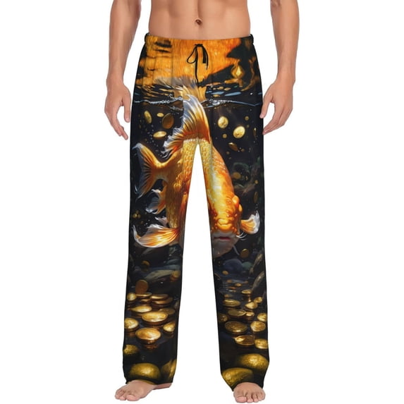 Gukieu Golden Koi And Treasure Print Men's Home Trousers, Elastic Drawstring Home Pajamas Clothing Suitable for Adult Men-Medium