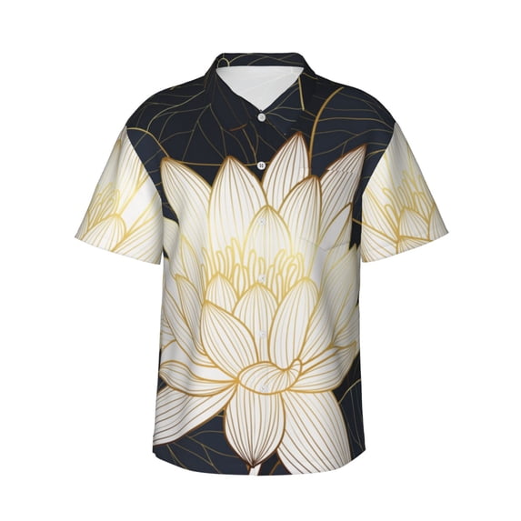 Gukieu Golden Lotus Print Men's Short-sleeved Shirts, Button-down Lapel Hawaiian Shirts, T-shirts, Beach Vacation Summer Casual Wear,X-Large
