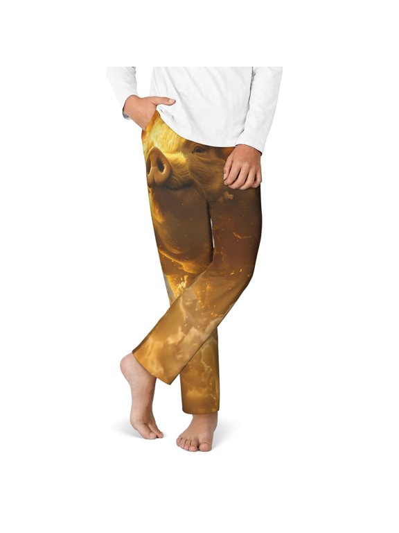 Golden Pig Cloud Fantasy Print Youth Home Trousers, Elastic Waistband with Pockets for Home and Outing, Suitable for Children Aged 5-16-XS(5-6)