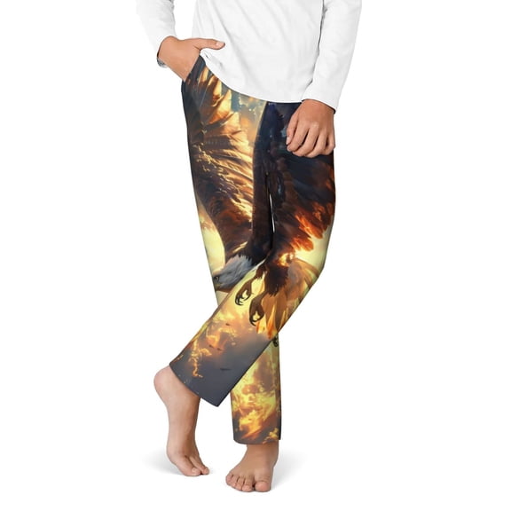 Gukieu Golden Sky Bald Eagle Print Youth Home Trousers, Elastic Waistband with Pockets for Home and Outing, Suitable for Children Aged 5-16-Large