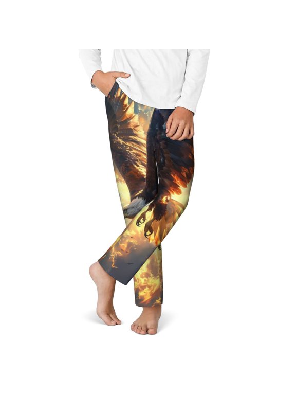 Golden Sky Bald Eagle Print Youth Home Trousers, Elastic Waistband with Pockets for Home and Outing, Suitable for Children Aged 5-16-Large