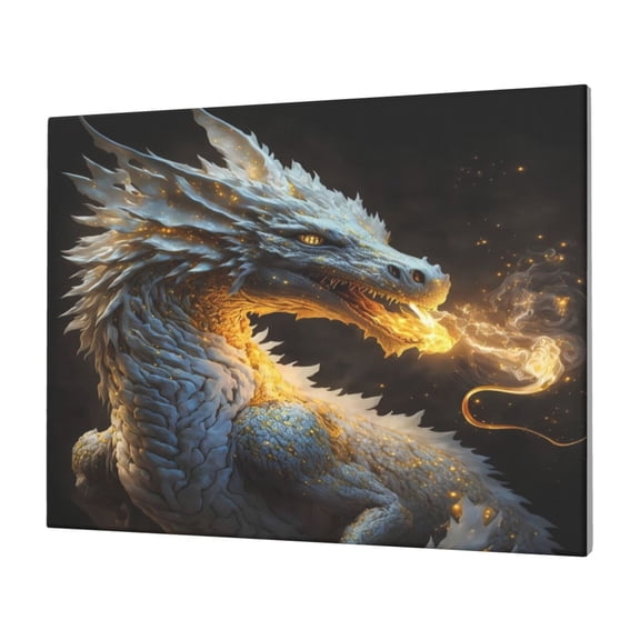Gukieu Golden White Fire Dragon Print Horizontal Canvas Decorative Painting 12x16 Inch Shrinkage Resistant Frame Hanging Home Wall Art Decor